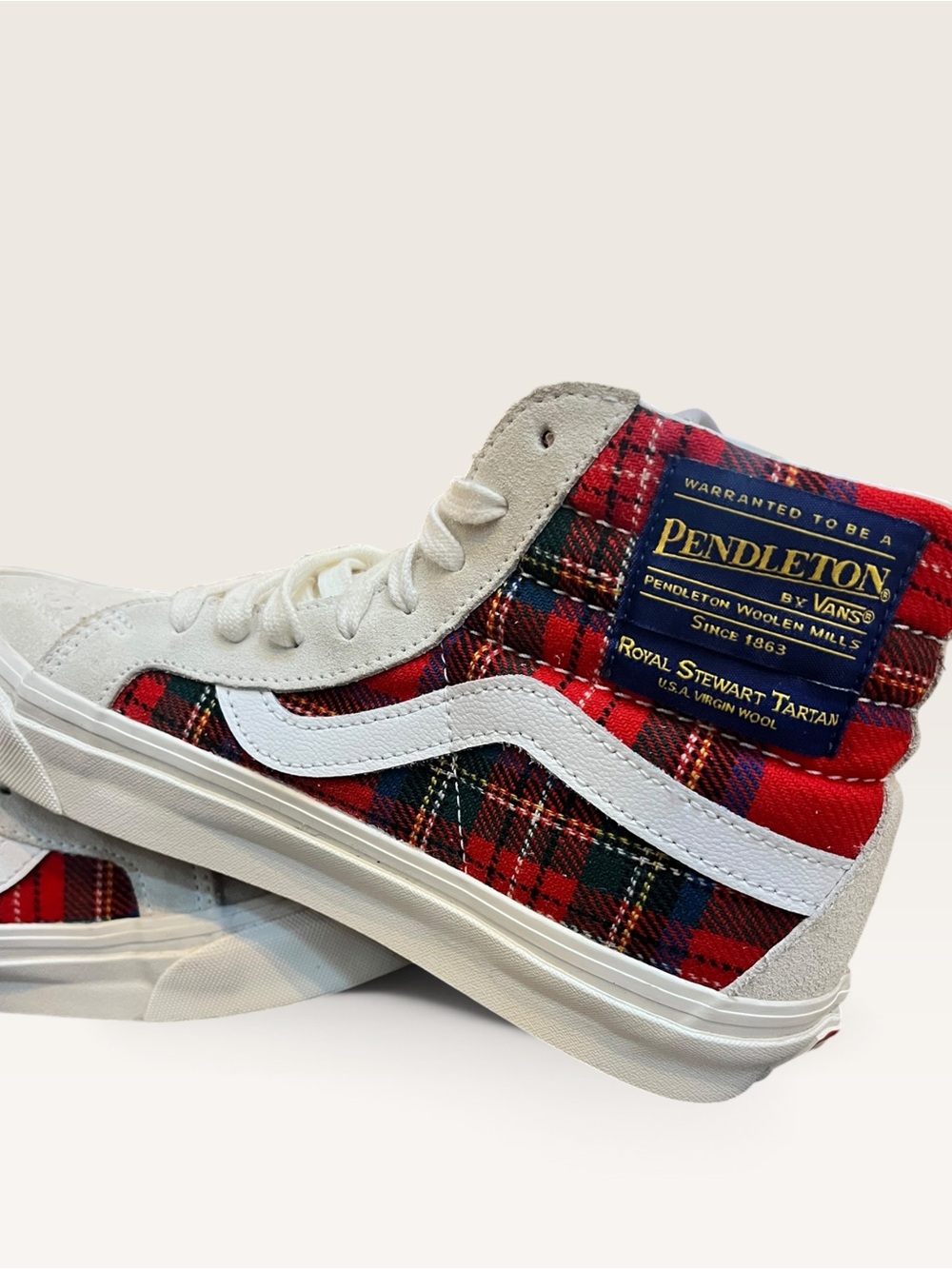 Vans White Leather High-Top Sneakers with Red Plaid Detail